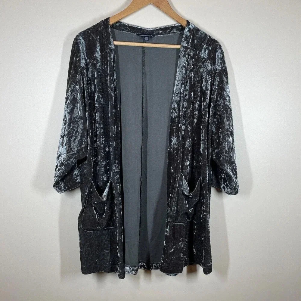 American Eagle Crushed Velvet Cover Up Green Medium Open Front Pockets Boho